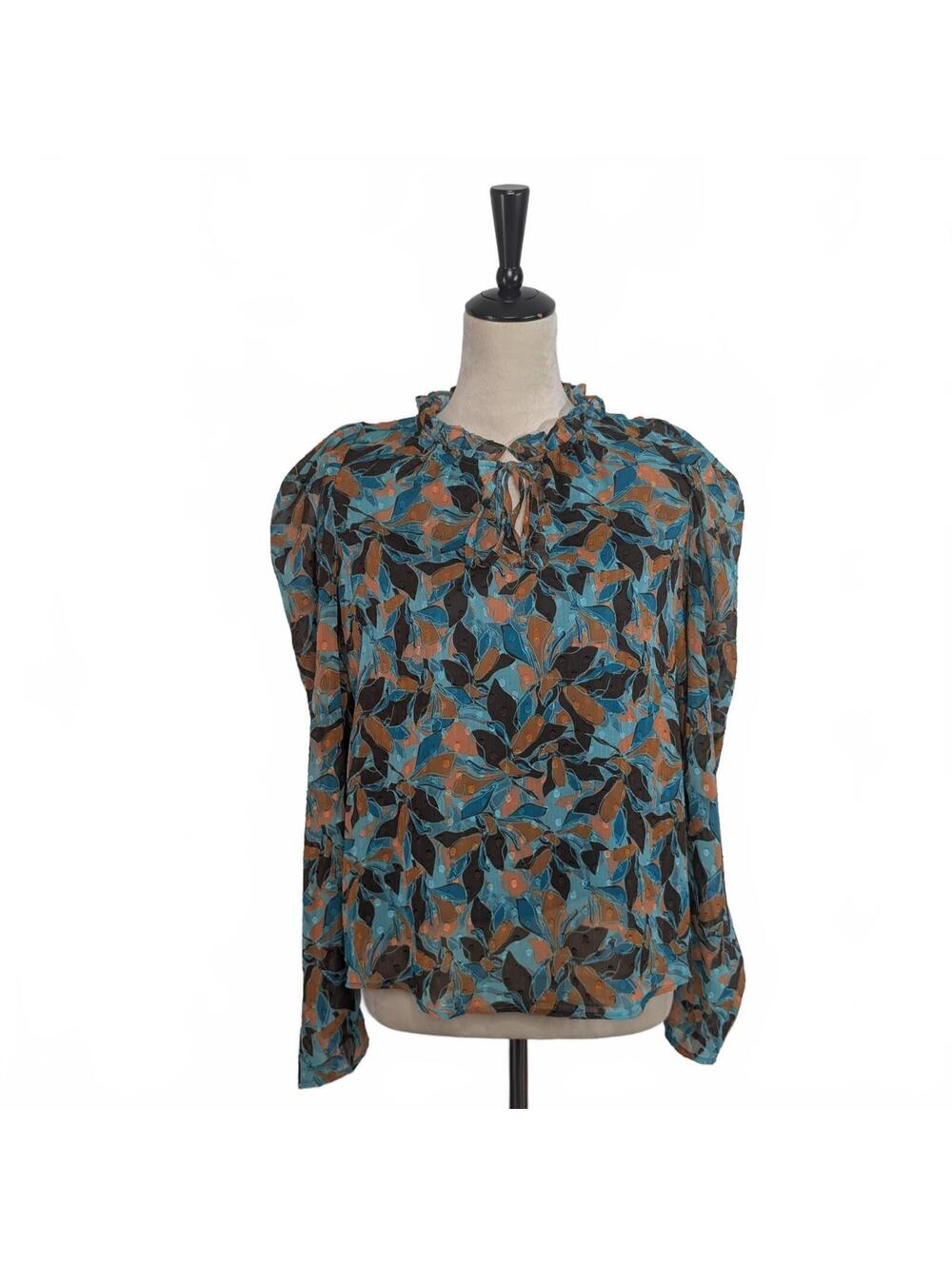 J Joie S Aqua Brown Puffed Sleeve Top Boho Cottagecore 70s Leaves Career